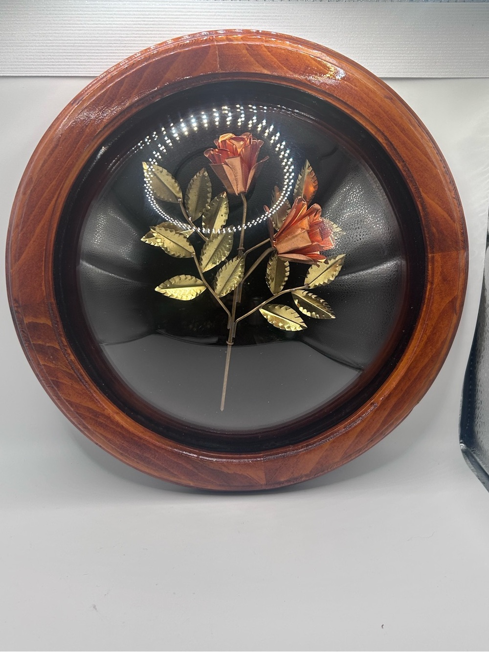 Vintage MCM Copper Rose Wall Art โ 3D Metal Floral Shadow Box โ Domed Wood Frame